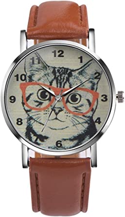 Reloj de gato correa de cuero cafe